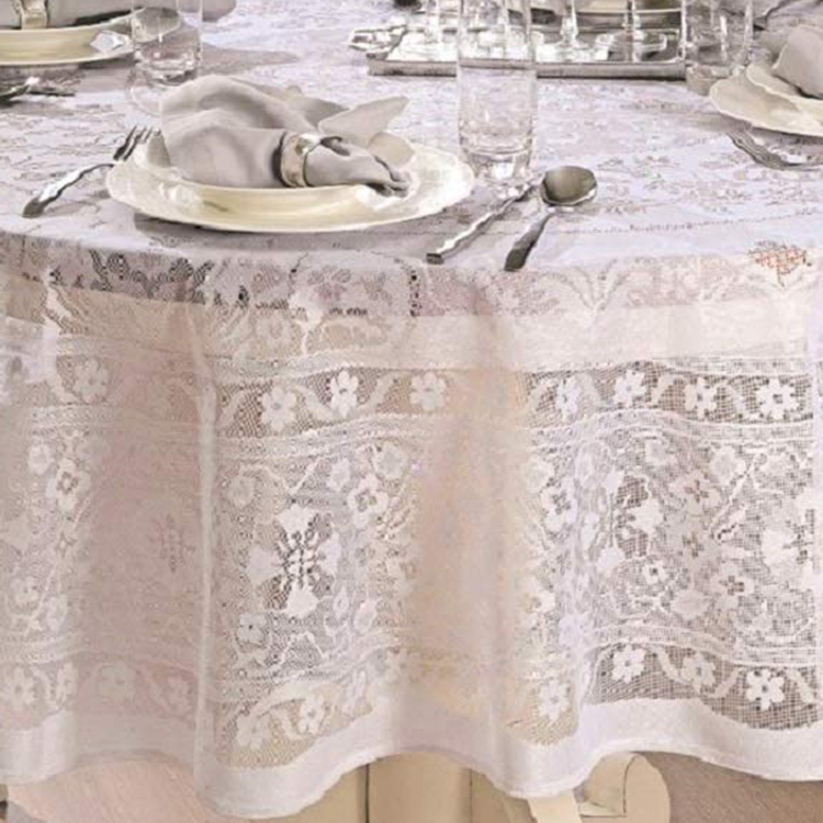 Vit elegant spetsöverdrag blommig jacquard runda bordsdukar tyg för bröllopsfest